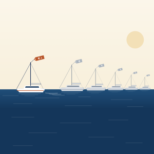 Illustration : une file de catamarans à vendre ; celui qui baisse son prix le premier sort de la file et passe devant